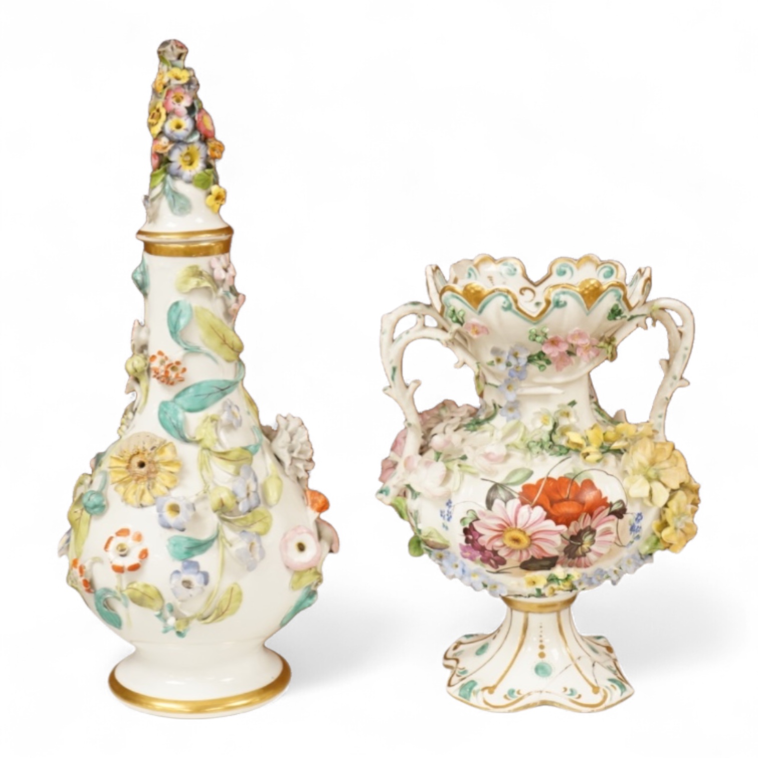 An English porcelain flower encrusted scent bottle and stoppers and a similar vase, c.1835, tallest 28cm